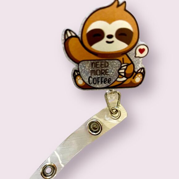 Caffeine Lover Sloth Retractable Glitter Badge Reel: Perfect for Nurses etc. - Picture 2 of 5